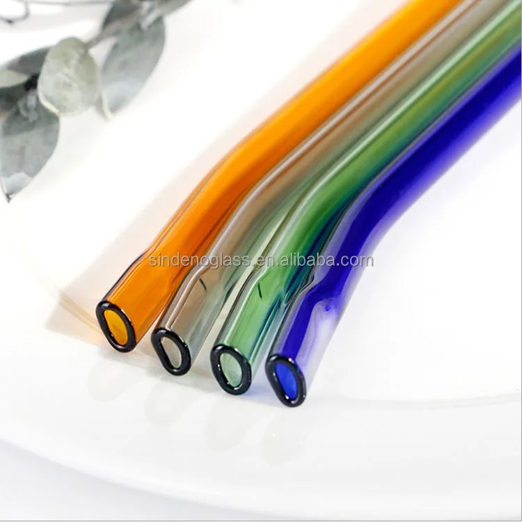 Flat End  Glass Straight Bent Clear Colorful Reusable Glass Drinking Straw With Brush
