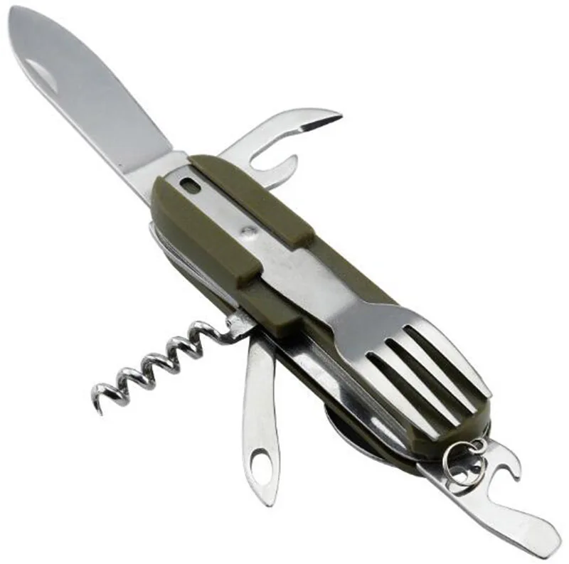 Outdoor multifunction foldable spoon fork blade can bottle opener camping picnic cutlery custom logo