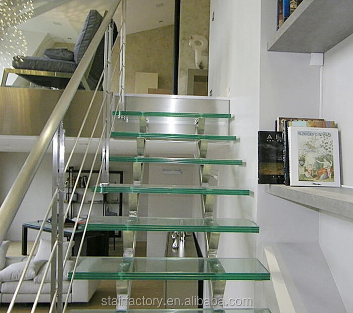 Modern glass stairs Used Laminated Tempered Glass treads stairs Stainless steel handrails glass balustrade staircase TS-397