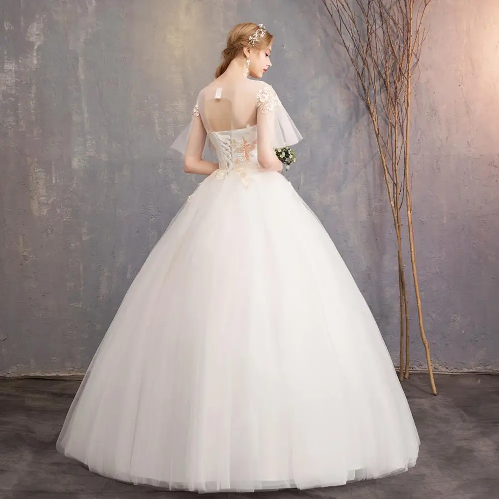 Spring New Trendy Short Flare Bell Sleeve Wedding Dresses Simple O-neck Lace Up Back Wedding Gown