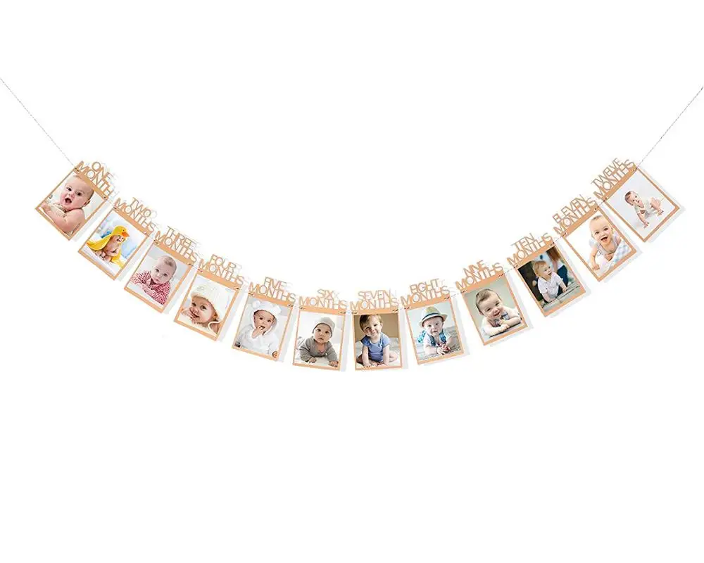 Glitter Gold Brown 1-12 Months 1st Birthday Gold Glitter Photo Frame Photo Banners For Baby Shower Party