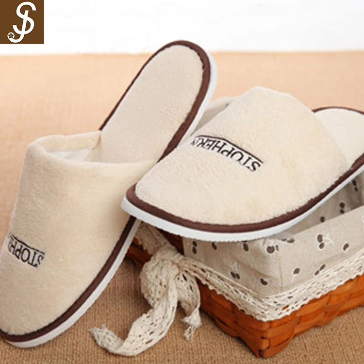 S&J High Quality White Plush Hotel Spa Indoor Disposable cheap hotel slippers