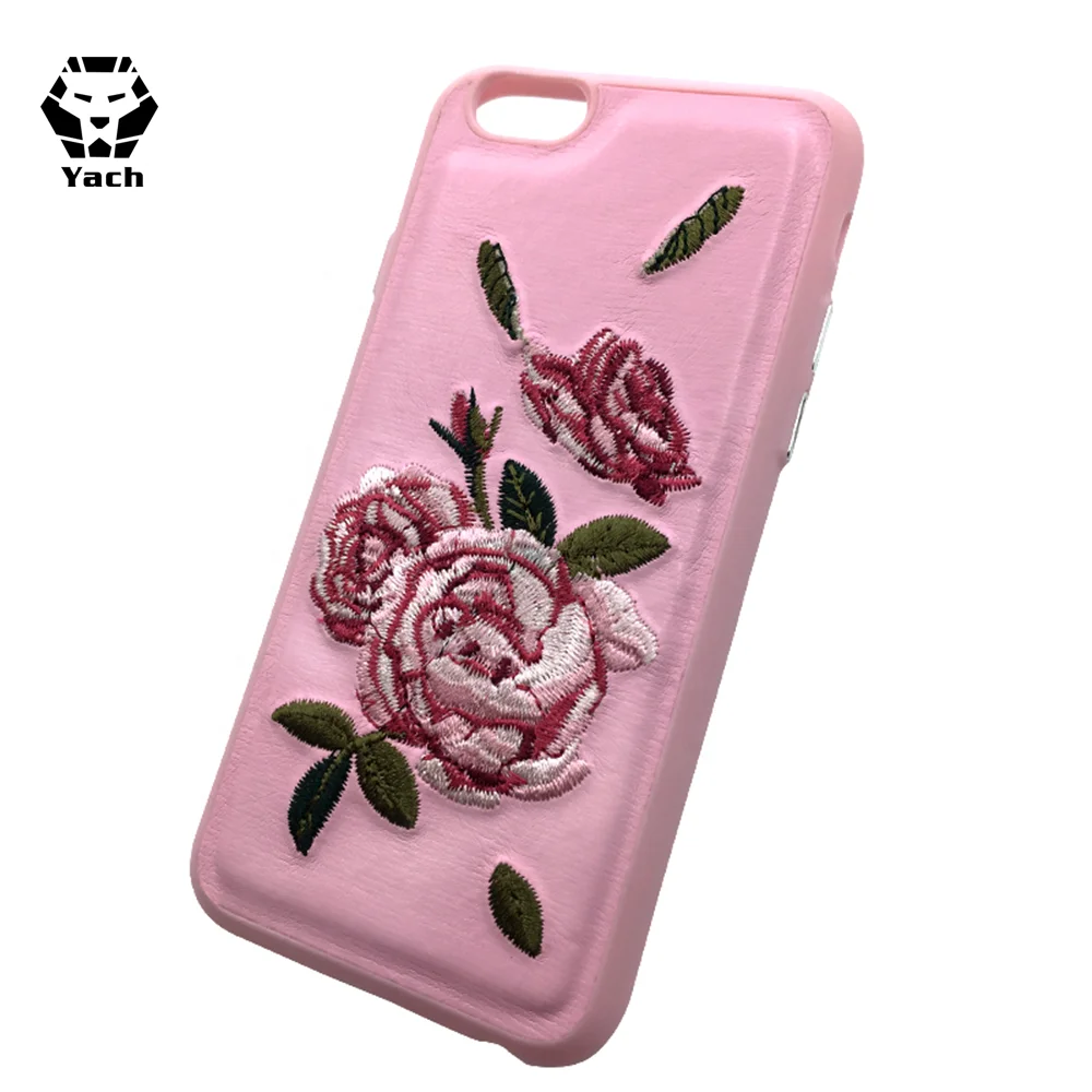 
China supplier oem customized colorful unique embroidered pink black import leather mobile accessories phone case cover 