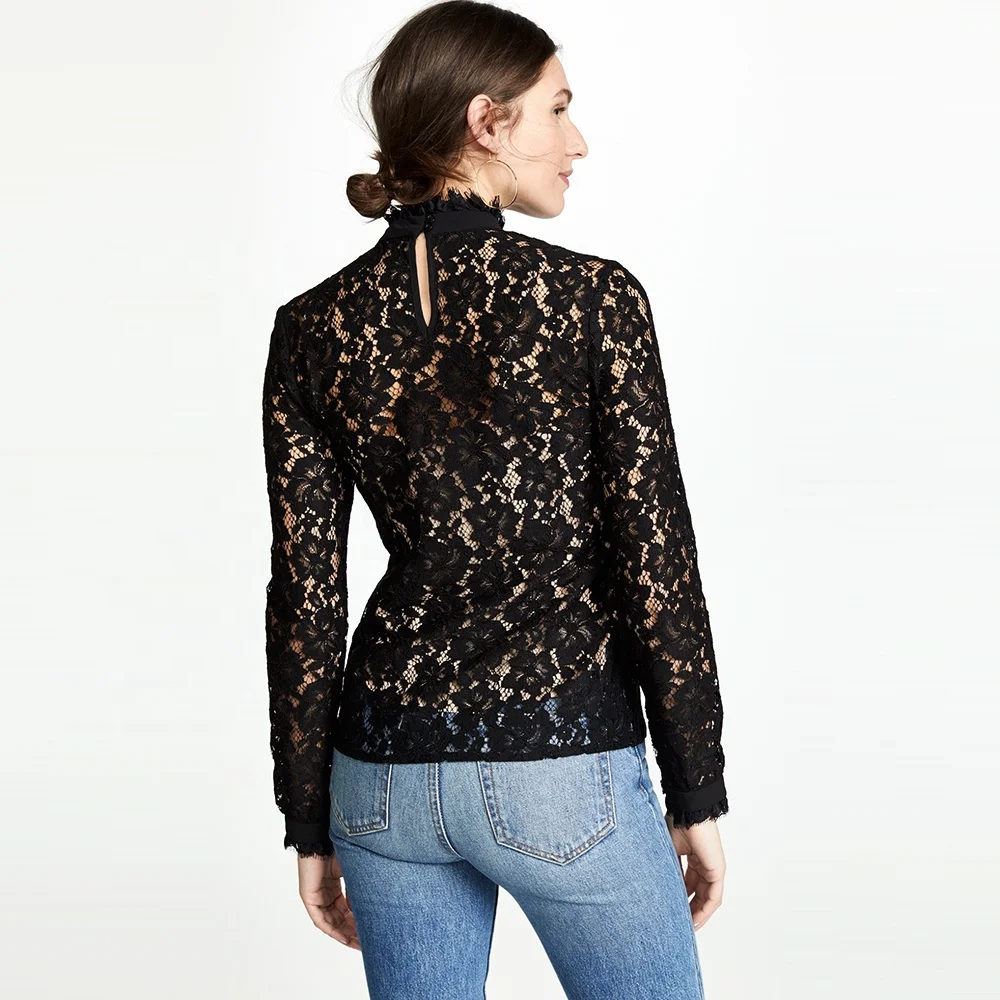 Autumn ladies long sleeves blouses tops black lace blouses shirts