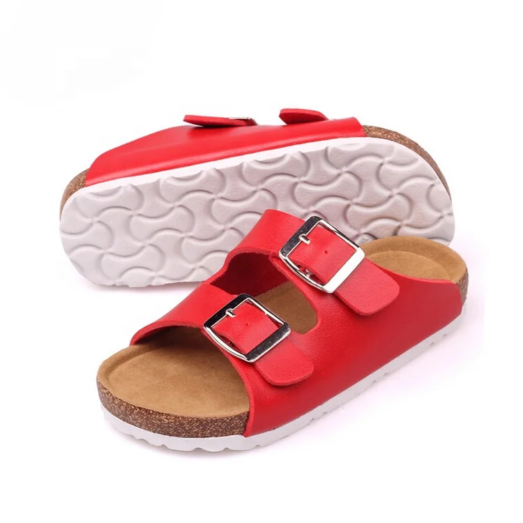 Boys Cork Sole Slide Flat Sandals Open Toe Double Adjustable Buckle Hook Outdoor Slippers with soft foot bed for Summer