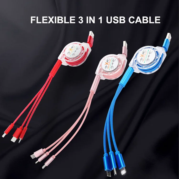 
Custom Logo 20cm to 1 Meter Retractable 3 in 1 USB Extension Cable Multi Mobile Charger Cable 