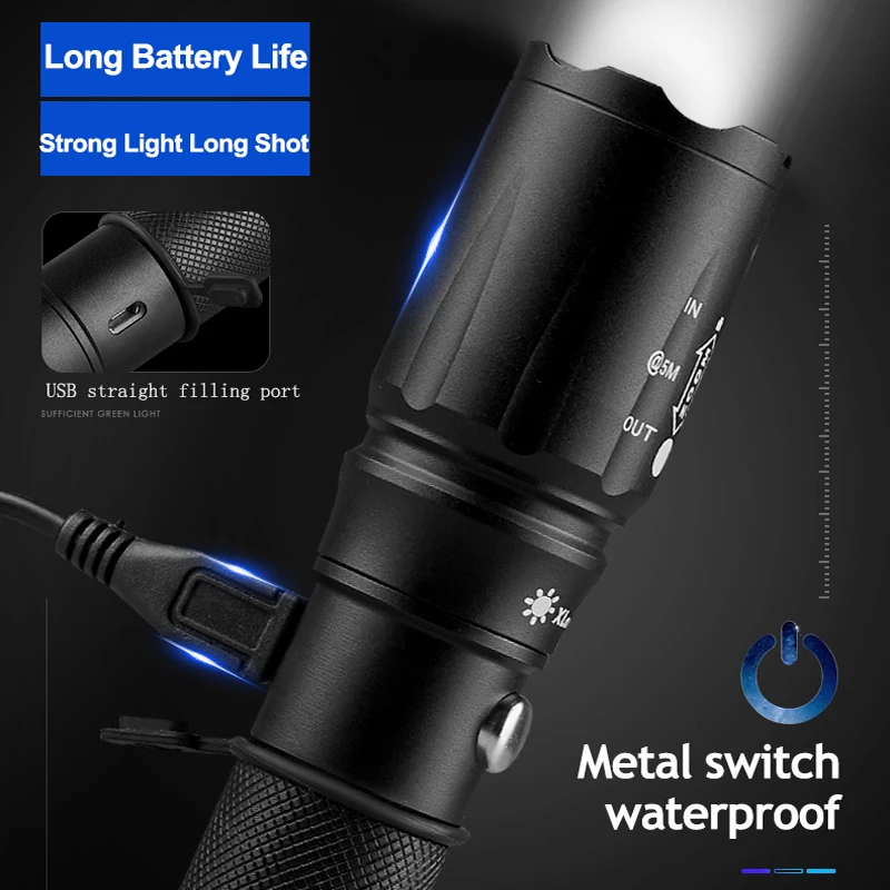 
Aluminum Powerful Long Range Can Be Used Power Bank High Power USB LED Rechargeable Flashlight 