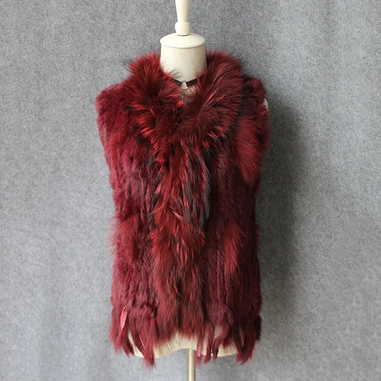 Women Fashion Hand-Knitted Rabbit Fur Vests With Raccoon Fur Collar Gilet Real Fur Waistcoat