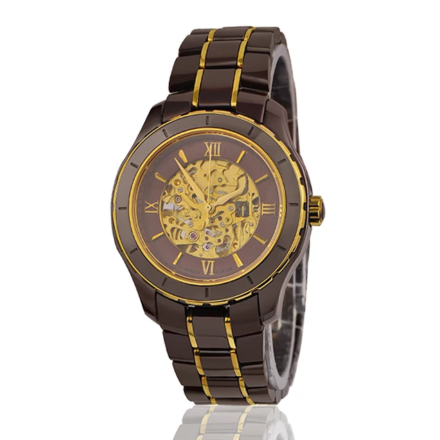 OEM Factory Skeleton Watch Mechanical Automatic Coffee Ceramic Watch Men