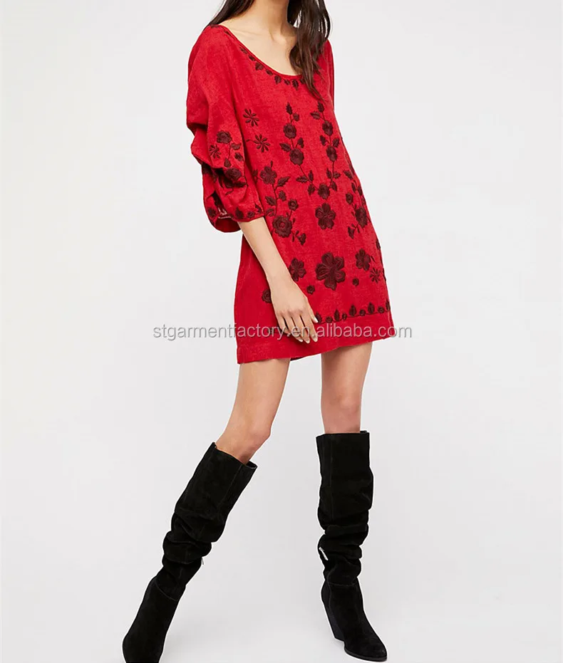 Floral Embroidery Dress Women Casual Skirt Loose Plus Size Ladies Clothes Girls Party Dresses Stb-0543 Mexico Round Neck Female
