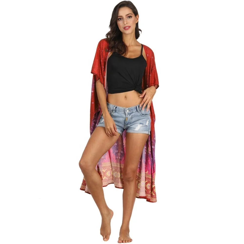 Printed Women Beachwear Fashion Beach Sun-protective Quick Dry Short Sleeve Long Blouse Elegant Cardigan Blusa Praia