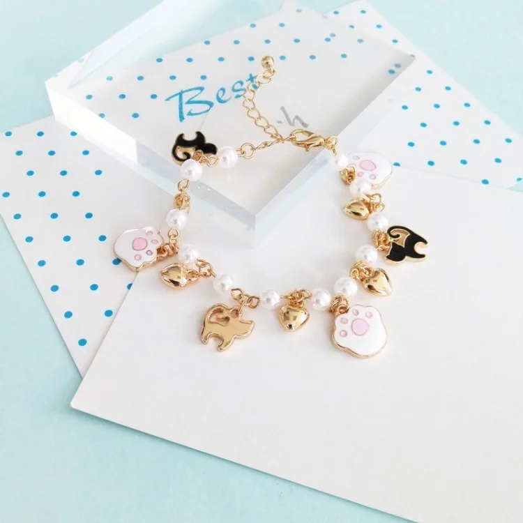 Multi Styles Available Fancy Gold Hand Chain Pearl Cat Charm Bracelet Design Women Girls