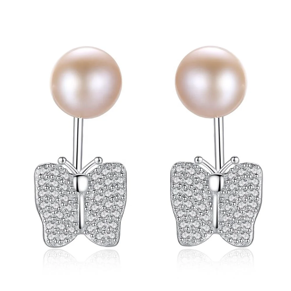 CZCITY Woman Micro Paved Diamond 18K White Gold Plated Earing 925 Pearl Bow Dainty Zircon Butterfly Earring