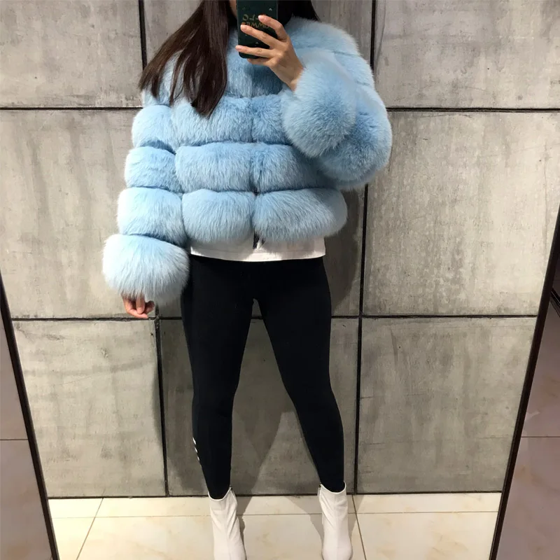
Custom Wholesale Winter Warm Natural Blue Fox Fur Coat Women / Female Short Classic Lady Colorful Full Sleeve Real Fox Fur Coat 