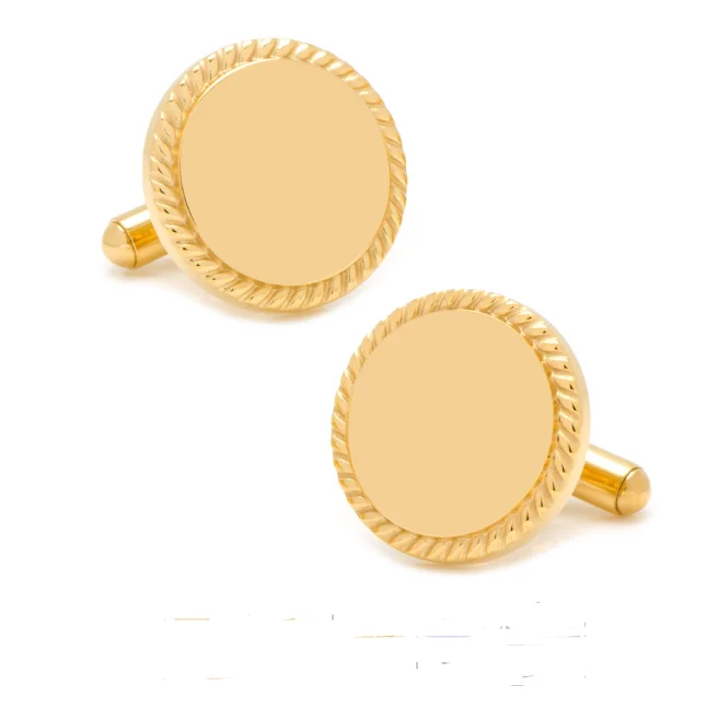 14K Gold Plated Rope Border Round Engravable Cufflinks Wedding Men Cuff Links