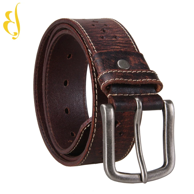 Custom Perforated casual men belt Vintage Genuine Full Grain Leather Belt with single needle buckle