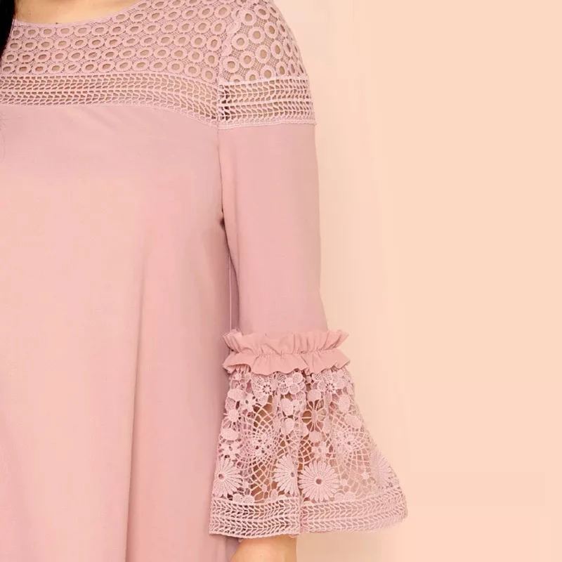 Oversized Guipure Lace Frill Trim Dress Flounce Sleeves Club Wear Shift Mini Dress for Fat Female