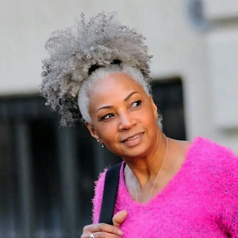 Factory wholesale brazilian human hair grey ponytail,afro kinky hair ponytail