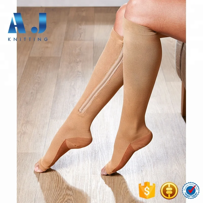 AJ18179 OEM Medical 20-30 mmHg Copper Compression Socks Open Toe Leg Support Stocking Knee High Socks with Zipper