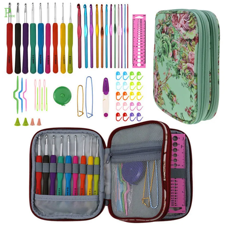 2.0mm-8.0mm Soft Rubber Handle Aluminum Crochet Hook Set DIY Sewing Accessories Knitting Needles With Storage Case