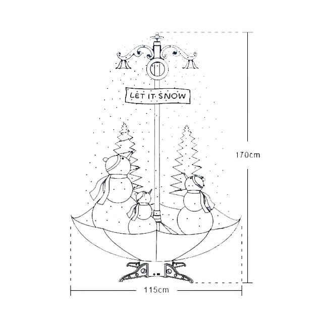 European market buy Christmas musical decorations falling blowing snow Christmas tree with umbrella and penguins