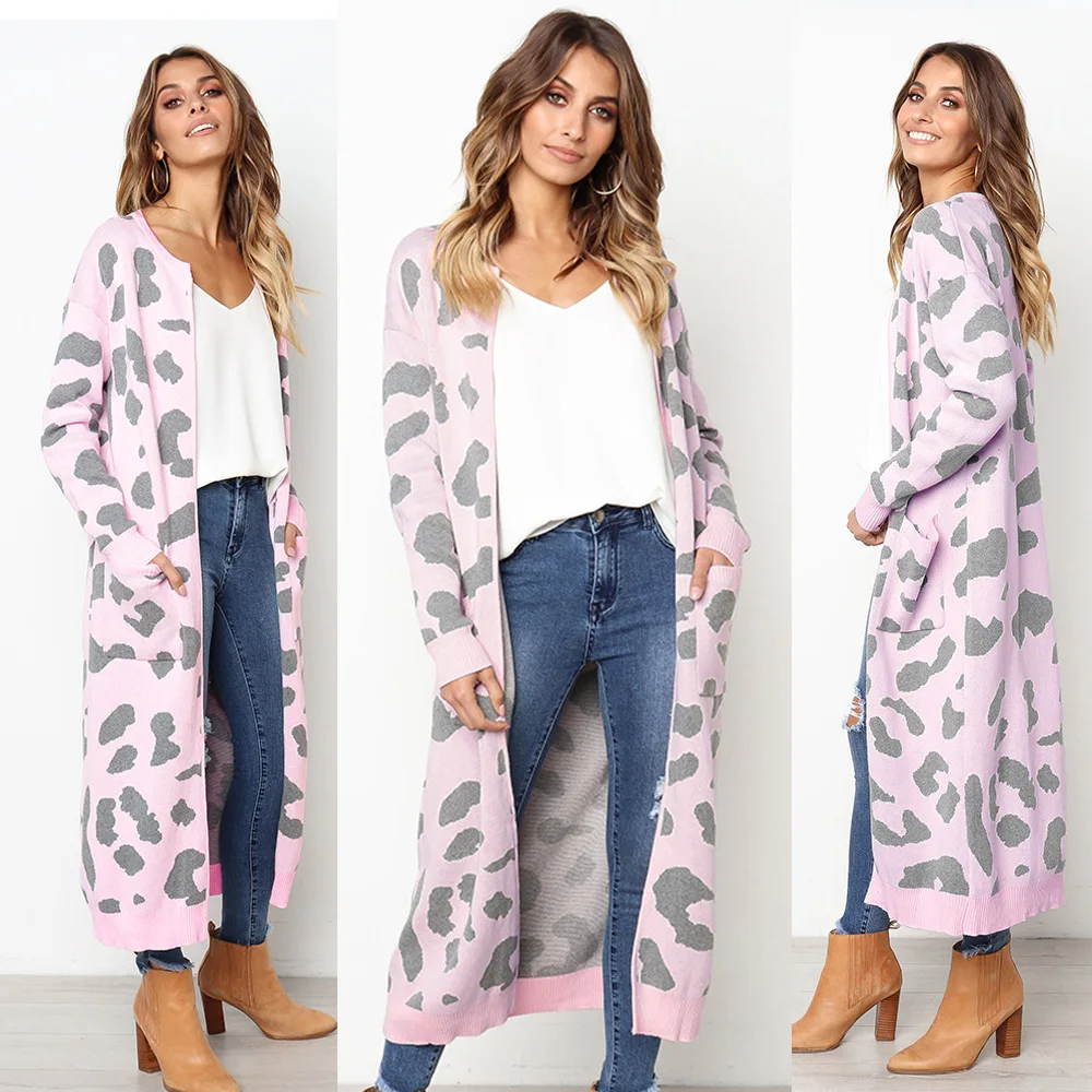 Women autumn leopard knitted long cardigan long sleeve sweater overcoat for female 2022 autumn new outerwear coats