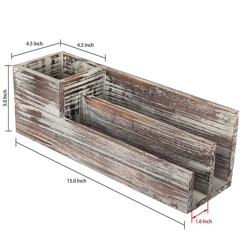 Rustic Torched Wood Desktop Office Supplies Caddy & 2 Slot Letter Mail Sorter Organizer