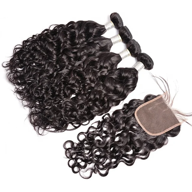 100% Cuticle Aligned Brazilian Hair Raw Water Wave Human Hair Wholesale Virgin Human Hair Bundles With Lace Closure