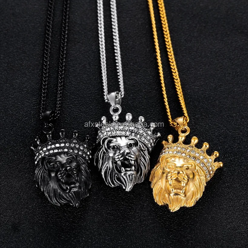 Rock style fashion stainless steel jewelry, Amazon personalized diamond crown lion head pendant necklace