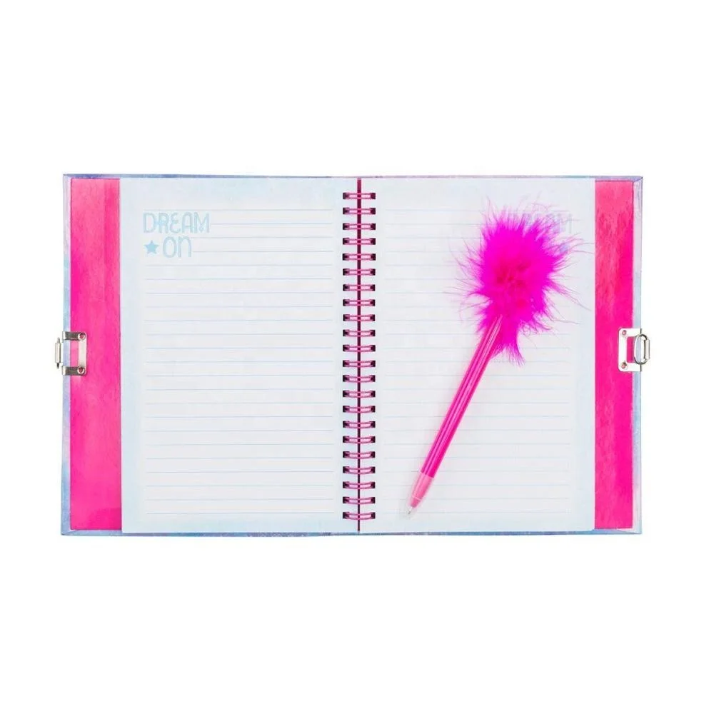 Gem Decoration Feather Children Printed School Diary Spiral Hardcover Notebook With Lock