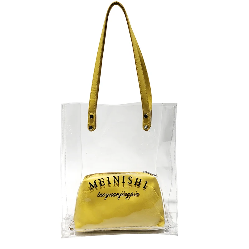 
Women Tote 2pcs Set Bags Transparent PVC Plastic PU Clear Bag 