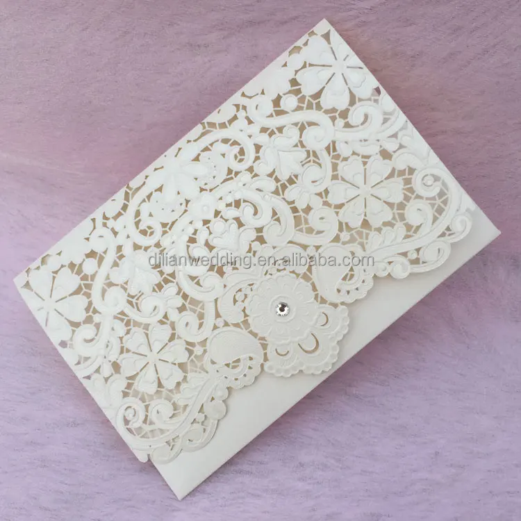 
Classic Ivory Pearl Light paper Emobossing and Laser Cut Lace Wedding Invitation 