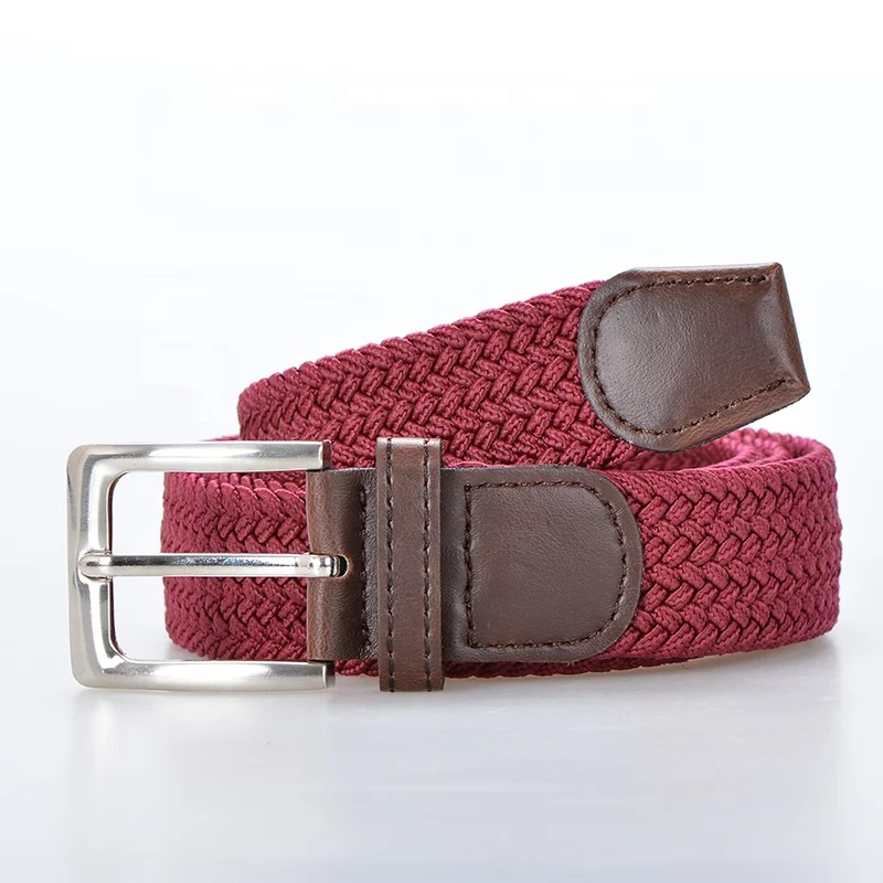 Fabric Pu Leather Tag Burgundy Color Elastic Braided Stretch Belts For Jeans Mens