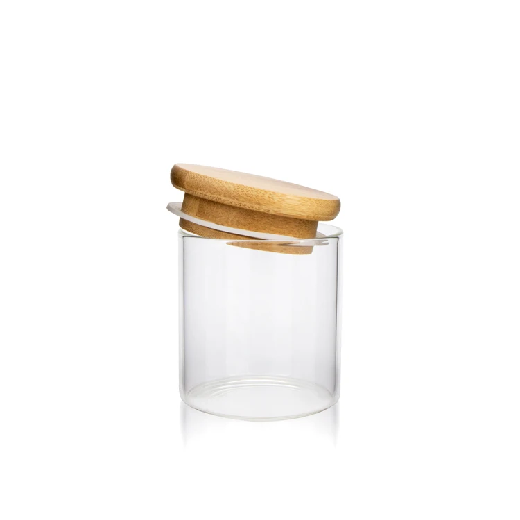 4 oz 6 oz 8 oz Clear High Cylinder Airtight Candy Food Storage Borosilicate Glass Candle Jars With wooden Top Lid