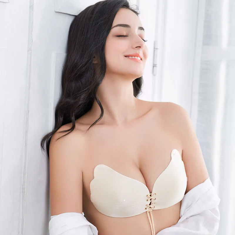 Self adhesive invisible nipple showing bra with drawstring fly strapless sexy girl nude bra