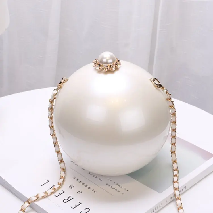 Ladies Big Pearl Round Ball Hard Case Wedding Bridal Party Evening Bags Clutch Bag Small Purse
