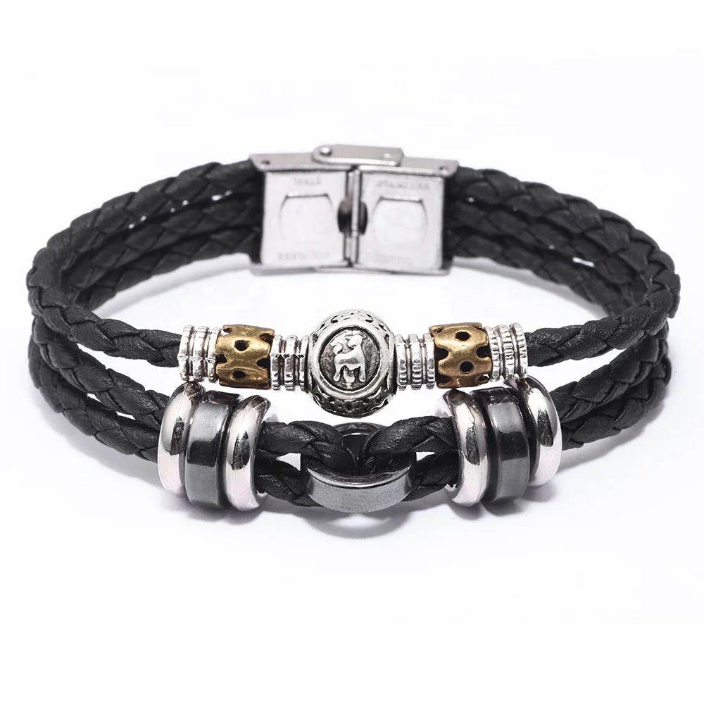 Alloy Charm Leather Zodiac Bracelet Adjustable Metal Buckle 12 Constellations Leather Wrap Bracelets