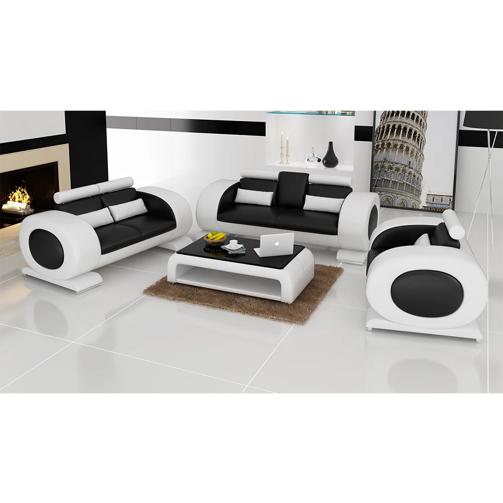 China Modern Sectional Black And White 3 2 1 Seater Top Grain Genuine Italian half Leather Sofa Set