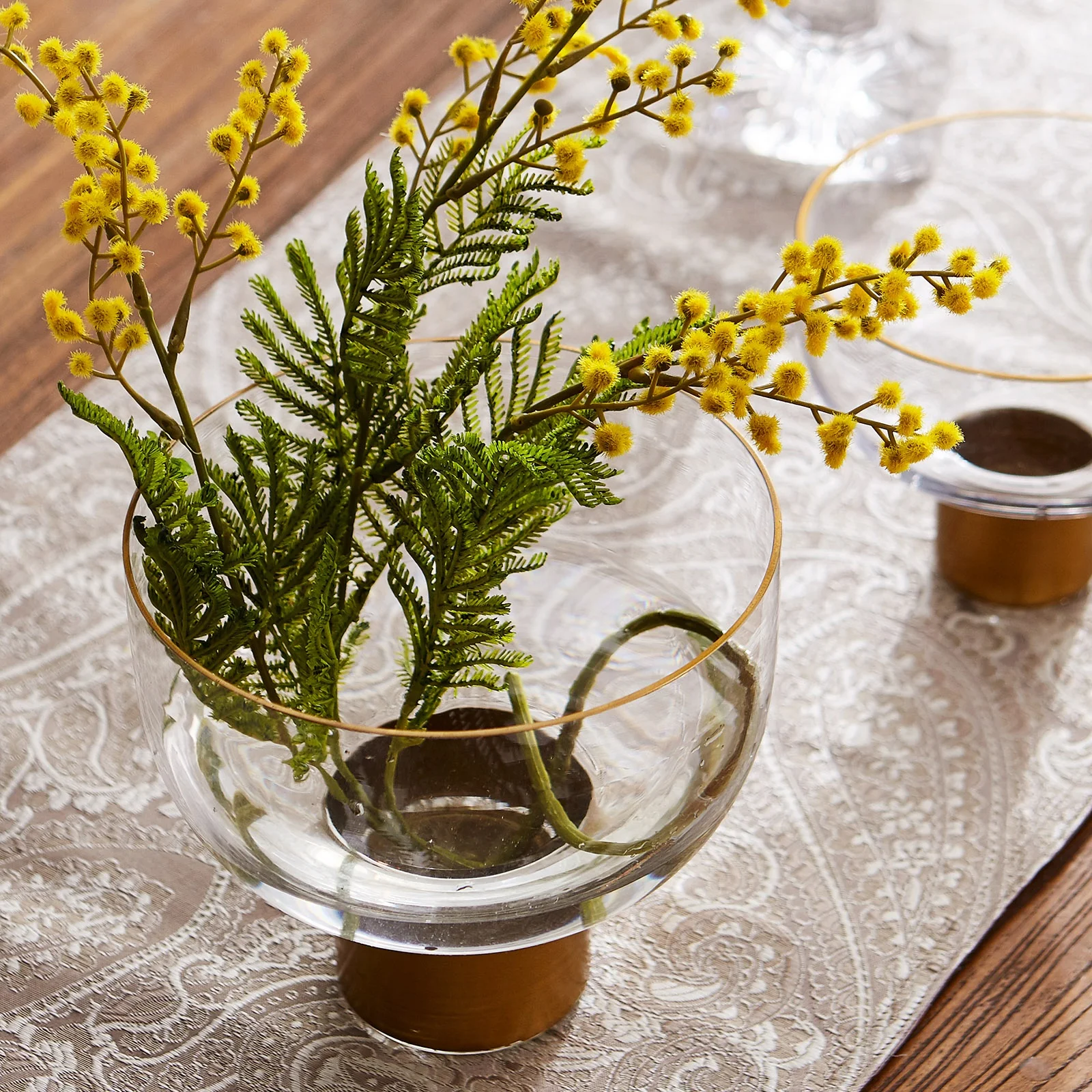 Bixuan Vases Clear Glass Flower Arrangement Vase with Brass Stand Decor Bowl Candleholder Table Centerpieces, 17x15.5CM