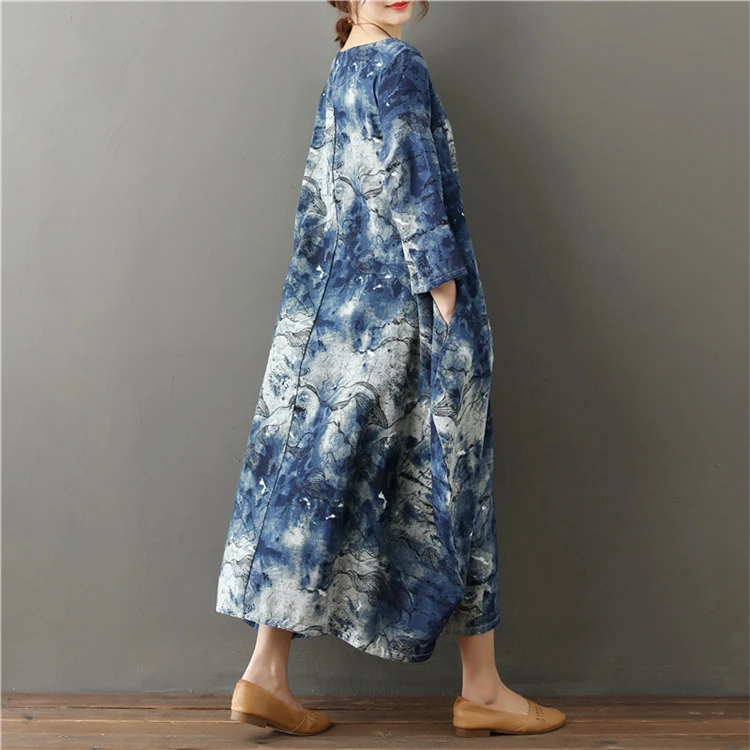 
Long Loose Women Print Linen Dresses in Stock 