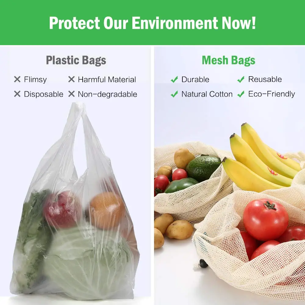 Multipurpose net bag, reusable organic mesh cotton bag knit fabric mesh produce bag