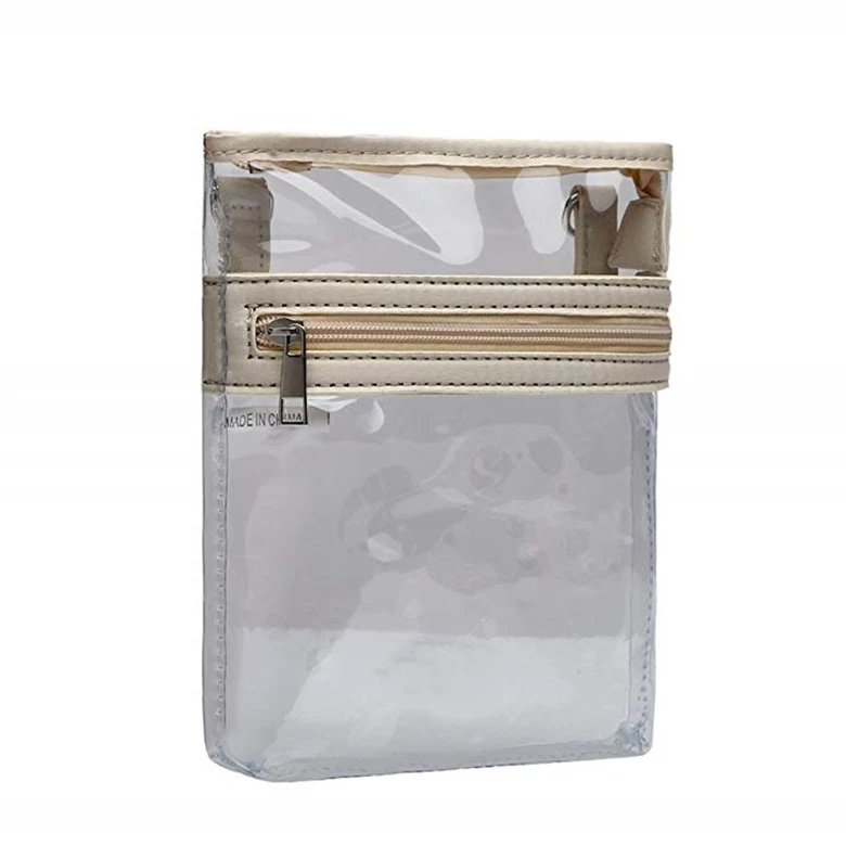 Eco-friendly portable clear pvc vinyl travel makeup cosmetic bag with a strong fabric handle