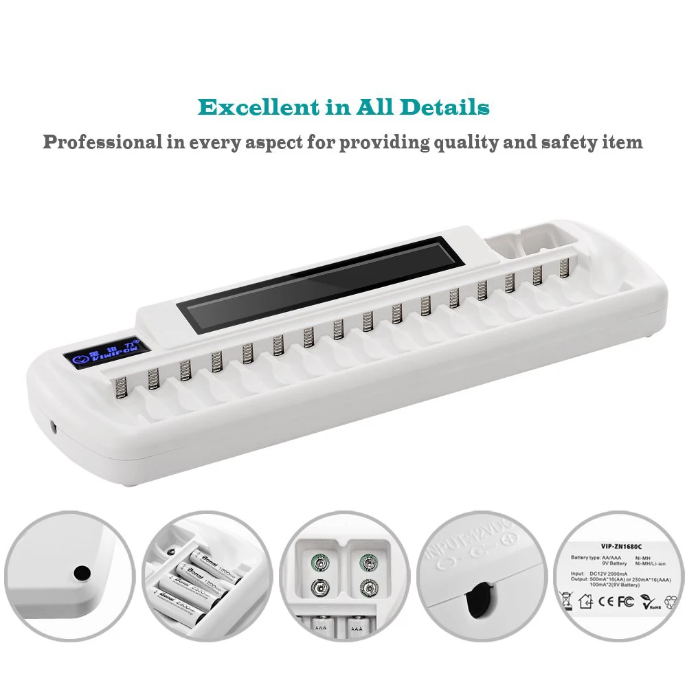 16 Slots Best LCD Smart Battery Charger charge aa aaa nimh/ nicd 9v rechargeable battery