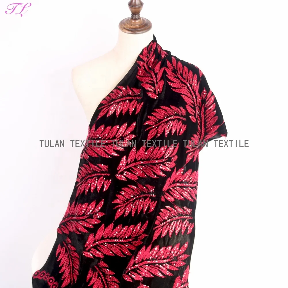 Red leaf sequin embroidery velvet fabric for garment dress and decoration