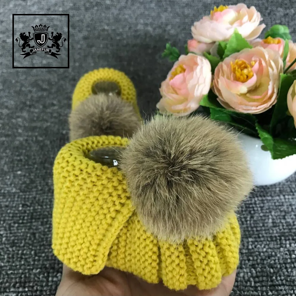 Hand Knitted Pom Fur Ball Boot Shoes For Baby Girl Crocheted Booties Socks With Shoe Print