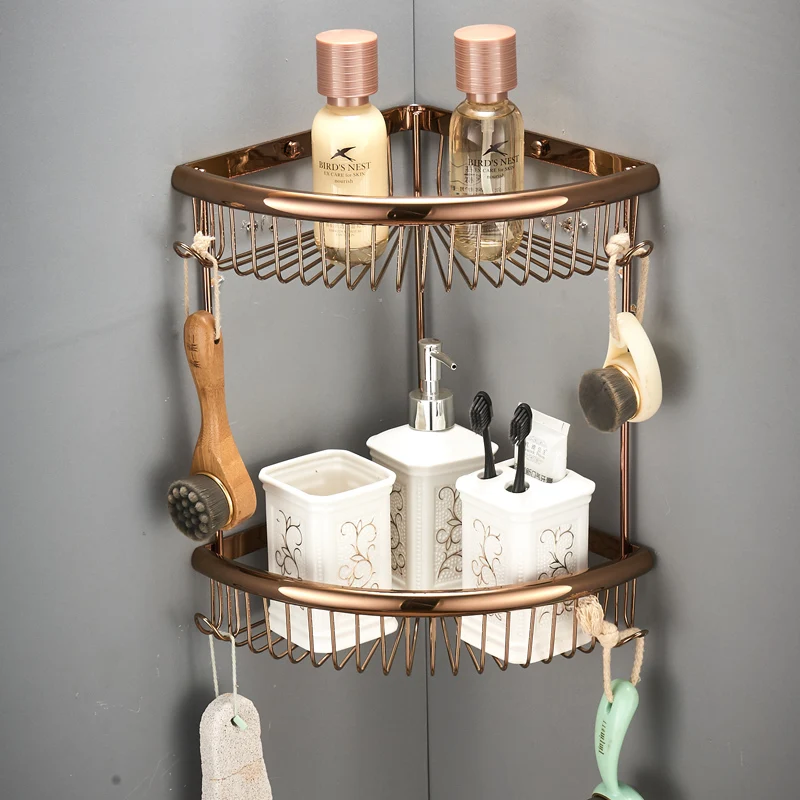 Wall Mount Brass Dual Tiers Shower Shelf Hanging Bathroom Corner Shelf Wire Shower Basket