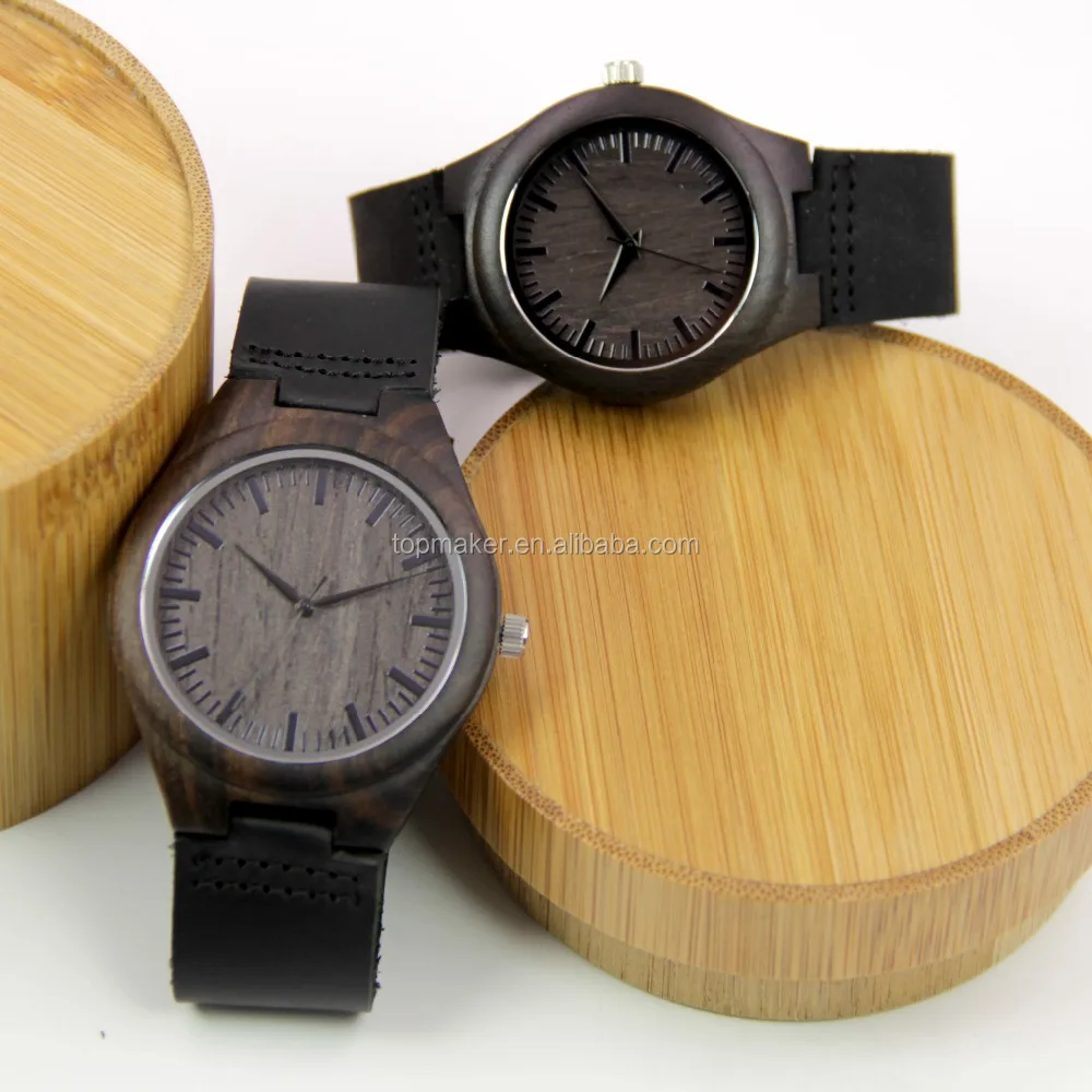 Mens Womens Wood Watches Black Sandalwood Watch with Genuine Leather Strap