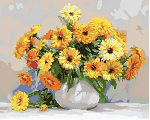 White bowl with yellow daisies paint by numbers kit framed digital painting