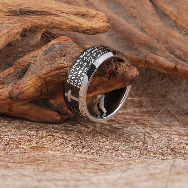 Christian Gift Accessories English Version Bible Jesus Cross Ring Tungsten Carbide Ring