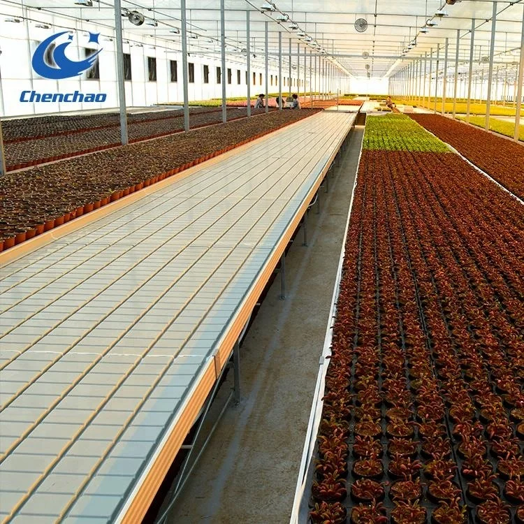 manually controlled single-span ebb and flow greenhouse bench for agriculture